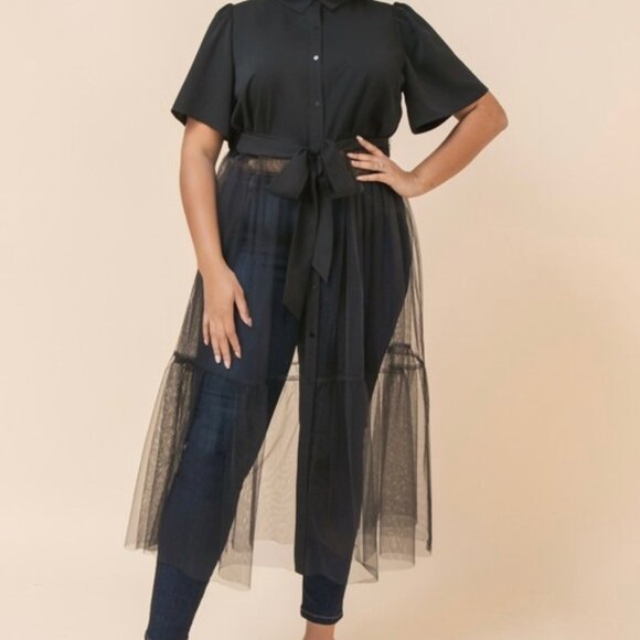 Uplifting Collared Mesh Belted Top (Plus Size) - Picture 3 of 4